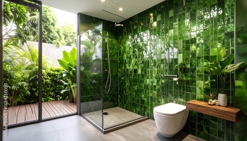 Tropical bathroom with lush greenery