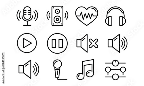 Audio Icons Showing Microphone Speakers Heartbeat Headphones Play Pause Mute Volume Music Note and Controls