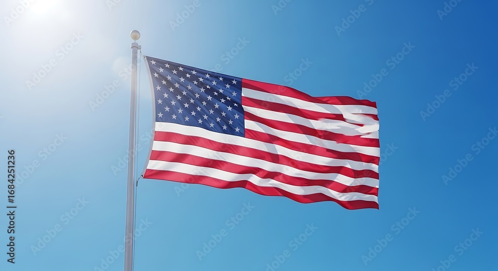 Obraz premium American Flag Waving Against Bright Blue Sky