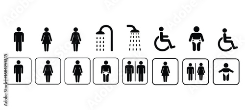 Black Silhouette Icons of People and Facilities on White Background person woman