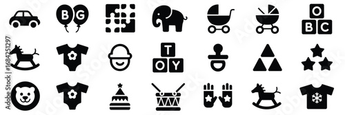 Baby and Kids Icon Set – Black Line Icons for Toys, Clothing, Nursery Decor, and Childhood Fun