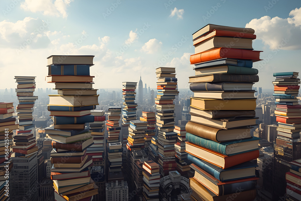Obraz premium Stacks of knowledge in an urban landscape, showcasing the intersection of literacy and development