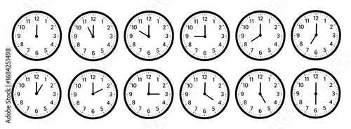 Set of analog clock icon for every hour. 12 hour clock vector illustration