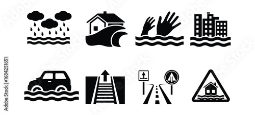 Collection Of Flood Disaster Icons Showing Different Scenarios And Warnings water symbol