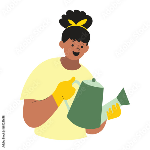 Flat illustration of a smiling girl wearing yellow gardening gloves holding a watering can perfect for plant care eco lifestyle farming agriculture and healthy living concepts
