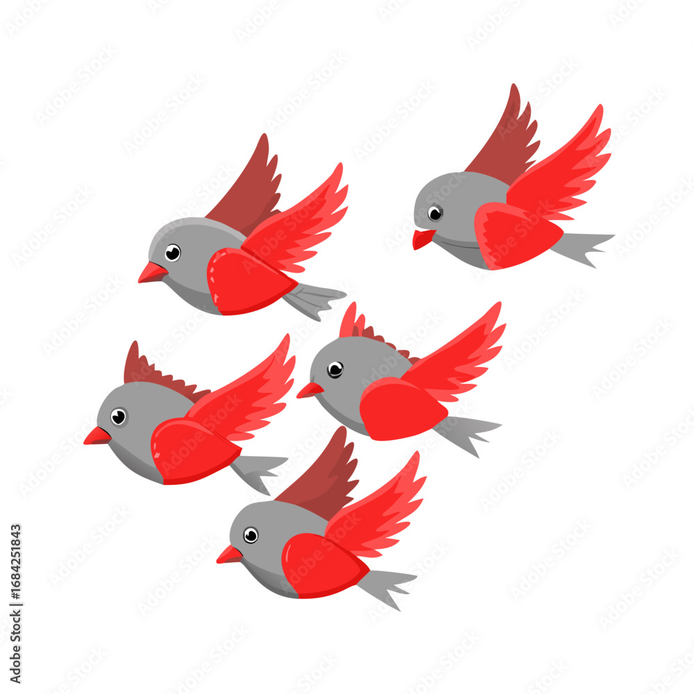 Naklejka premium a flock of bright red-breasted birds with gray wings and tails, flying in a sequence, digital art, stylized, cute, cartoon-like, vector illustration