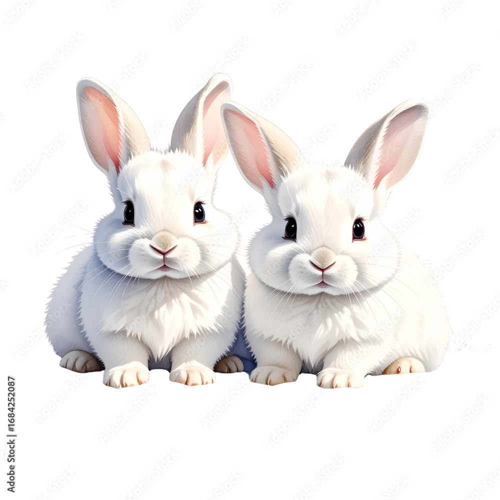 Obraz premium Two Cute New Zealand White Rabbits - Fluffy Albino Bunnie