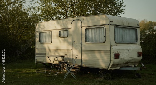 Rustic White Caravan with Table and Chairs in Grassy Setting