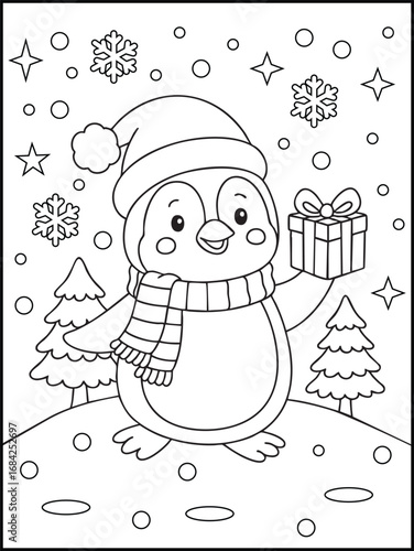 Cute Christmas Penguin with Gift Box – Winter Holiday Coloring Page for Kids