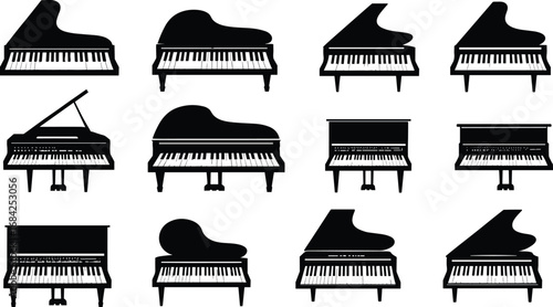 Set of grand and upright piano vector silhouettes, classical musical instruments in black style for design, education, and decoration purposes.