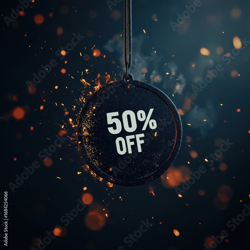Promotional mockup with 50% off discount tag and fire sparks — marketing template
