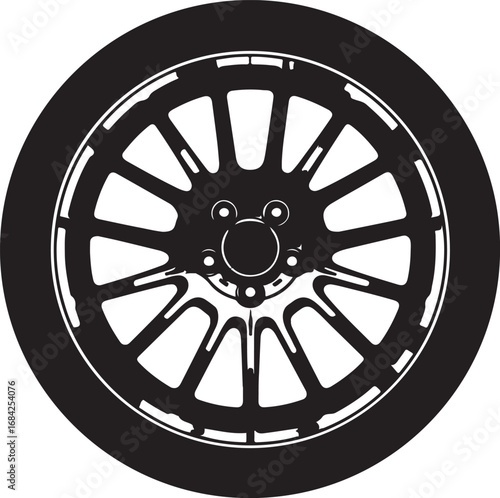 Sleek and Stylish Black and White Car Wheel Vector Illustration with Intricate Spoke Design Ideal for Automotive Concepts