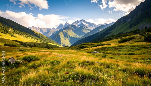 Sunny alpine meadow with towering peaks