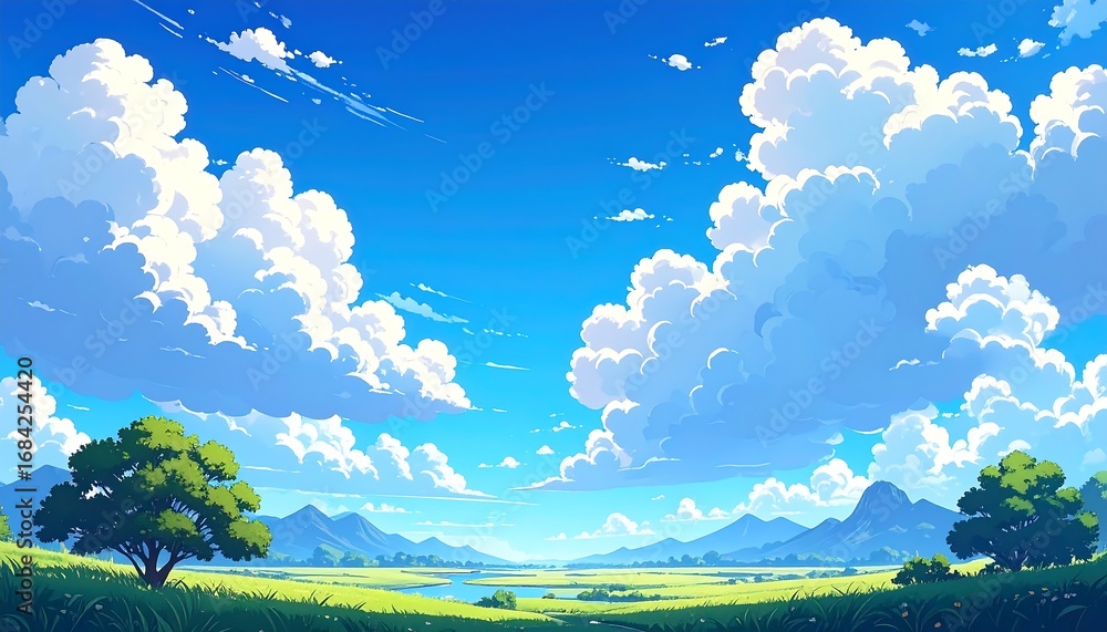 Fototapeta premium Beautiful Summer Landscape with Fluffy Clouds.