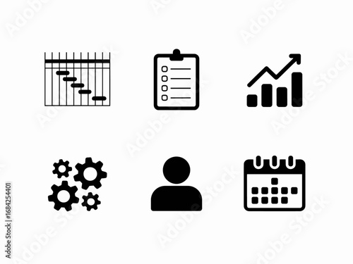 Project Management Icons — Gantt Chart, Checklist, Growth Chart, Gears, User, Calendar