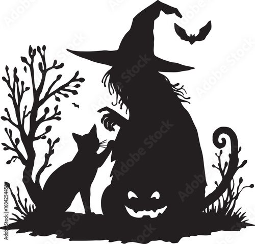 Spooky Halloween Silhouette of Witch with Cat and Bat in Dark Fantasy Forest Scene Vector Illustration