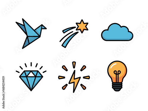 Origami Bird, Shooting Star, Cloud, Diamond, Spark And Lightbulb (Colored)
