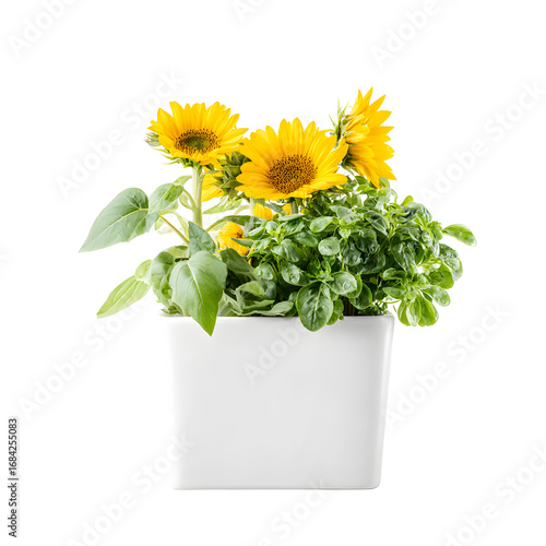 Sunflowers in a white pot against a black background, studio shot illustration