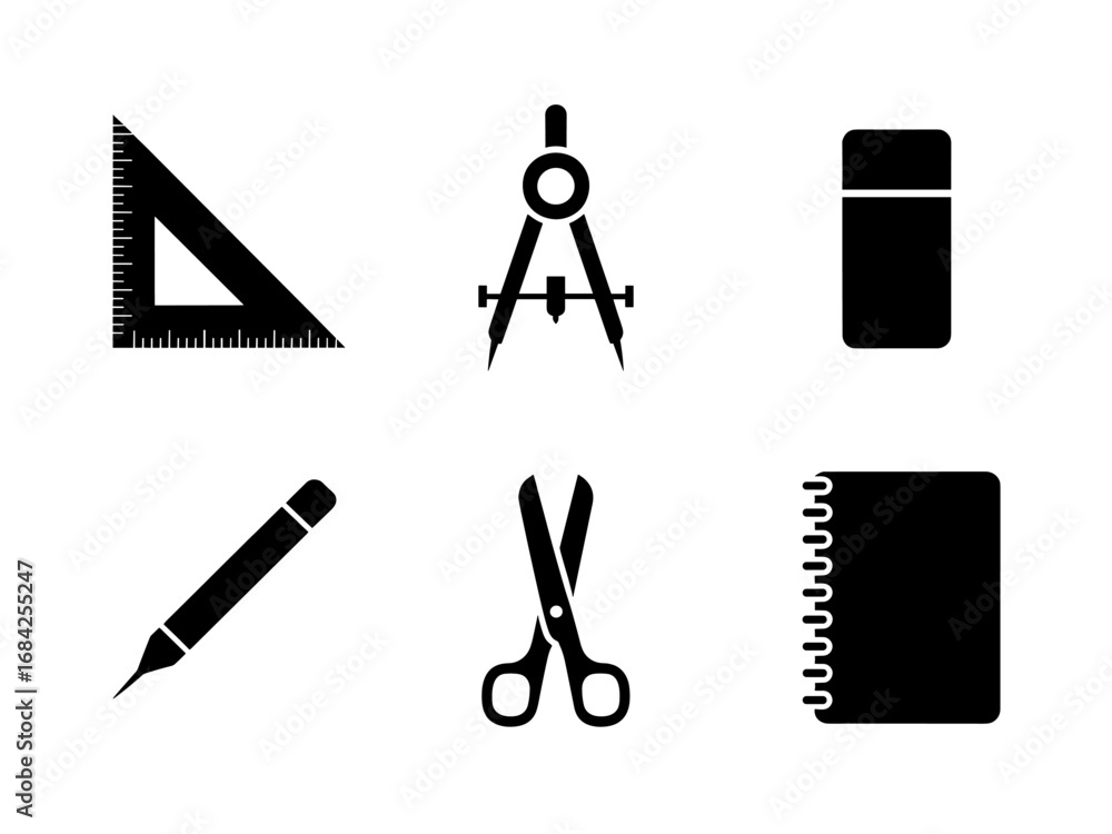 Fototapeta premium School Supplies Icons — Ruler, Compass, Eraser, Pencil, Scissors, Notebook 