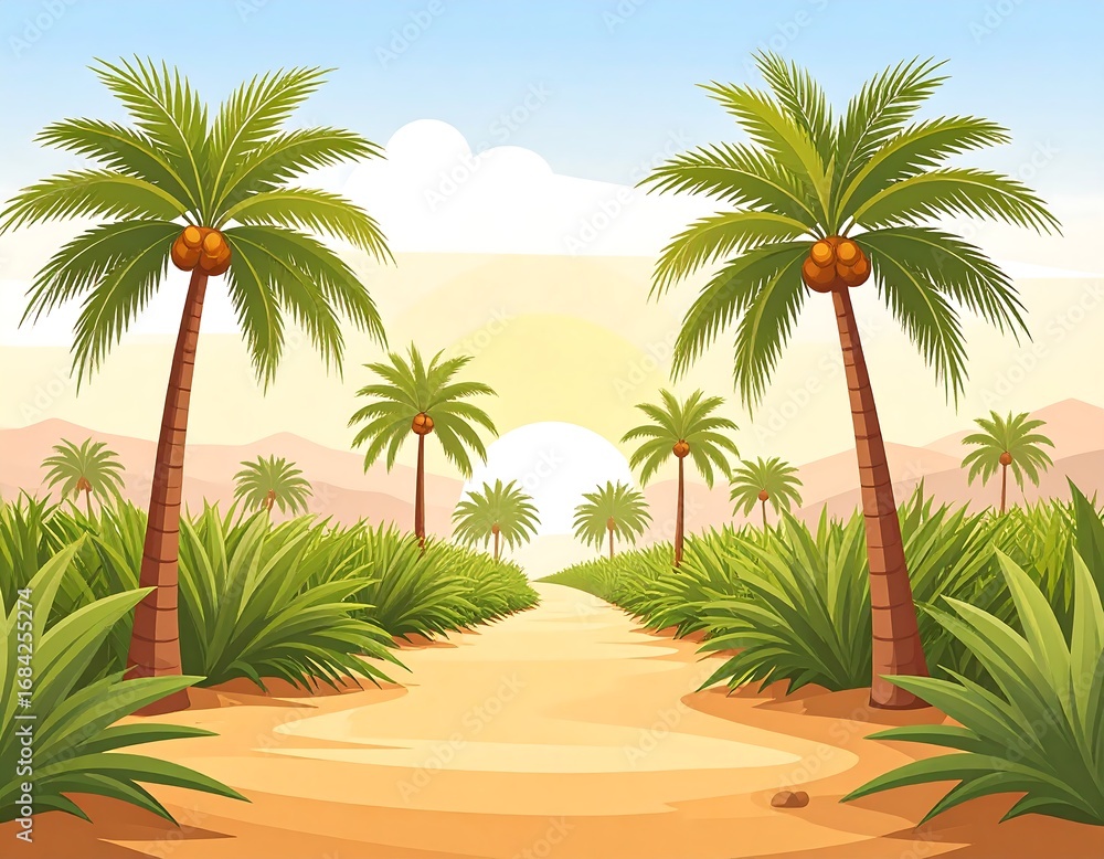 Fototapeta premium A sun-drenched path lined with lush vegetation and towering palm trees, creating a serene tropical landscape.