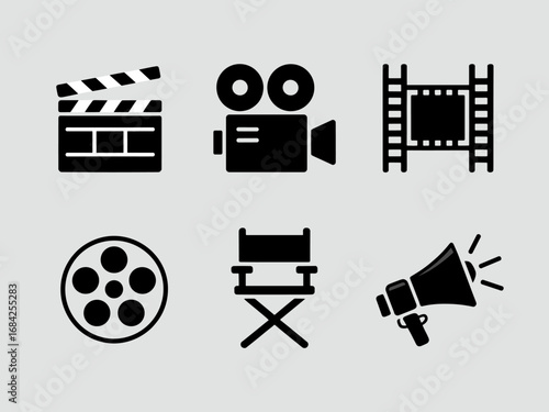 Film Production Icons — Clapperboard, Camera, Reel, Director Chair