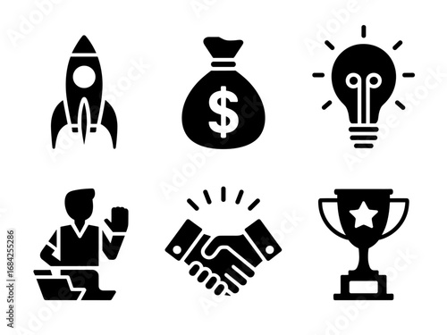 Rocket, Money Bag, Idea, Business Meeting, Handshake and Trophy Icons