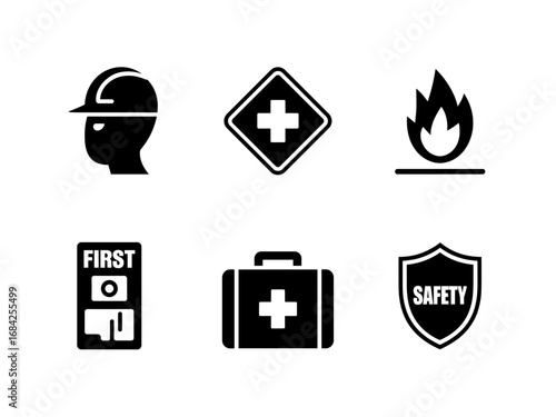 Workplace Safety and First Aid Icons — Helmet, Hazard, Fire, First Aid Kit