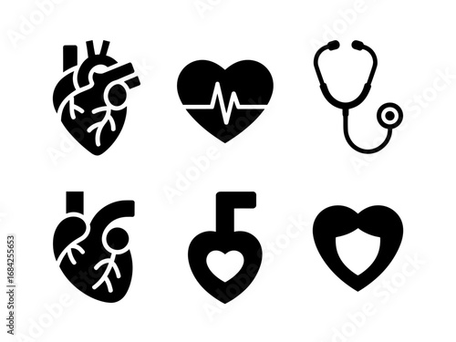 Cardiology & heart health icons — anatomical heart, heartbeat, stethoscope, heart ribbon and heart outline