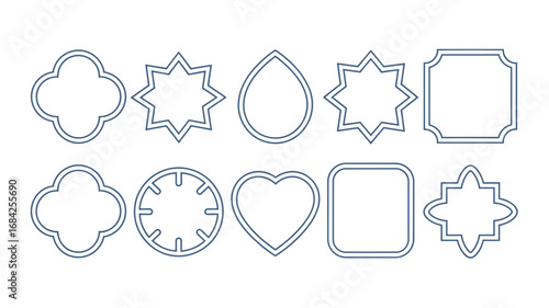 Decorative frame and stamp outlines — scalloped, star, droplet and heart shapes