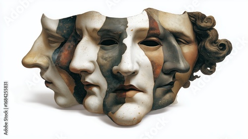 Multiple faces mask sculpture with neutral tones
