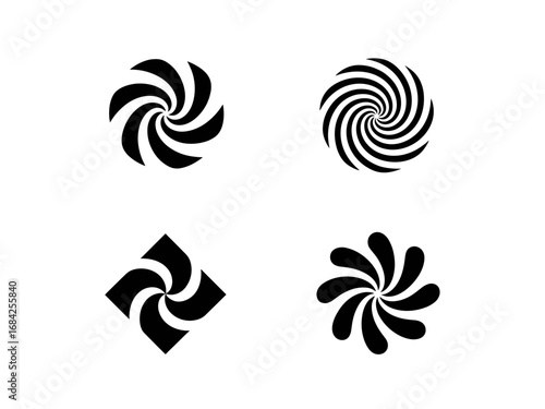 Spiral / swirl abstract emblems — four decorative vortex marks