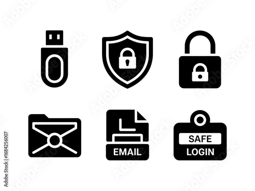 Security and data protection icons — USB, shield, lock, email and safe login