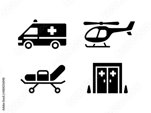 Emergency transport and facility icons — ambulance, helicopter, stretcher and ER doors