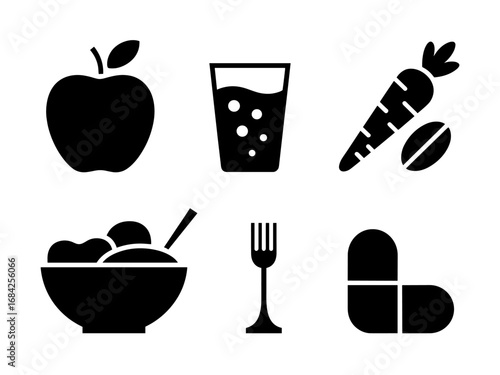 Nutrition and diet icons — apple, drink, carrot, salad bowl and capsule