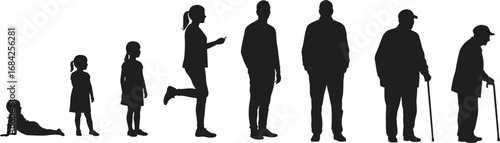 Silhouettes Representing Human Life Stages from Childhood to Elderly, Vector Illustration Showing Growth, Aging, Progression, Time, Family, Health, Life Cycle Concept