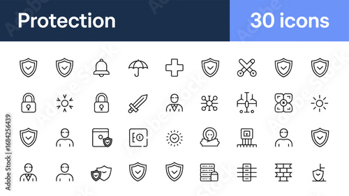 Protection line icon set — 30 security and safety outlines