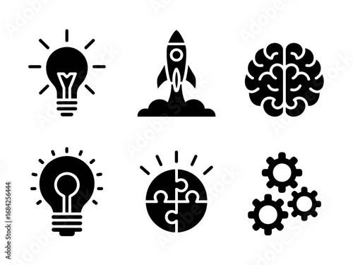 Black lightbulb, rocket and brain innovation icons