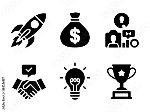 Business Growth And Innovation Icons — Rocket Launch, Money Bag, Team, Handshake, Idea Lightbulb, Trophy, Flat Vector