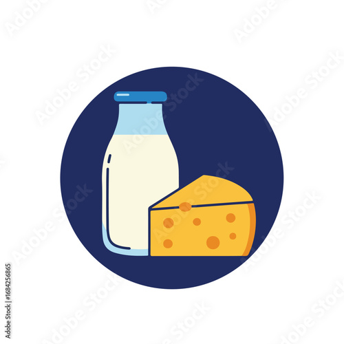 A blue circle contains a bottle of milk and a wedge of cheese