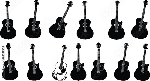 Vector illustration of black acoustic guitars collection with different designs, angles, and musical notes for music, art, and creative projects.