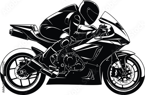 Sleek motorcyclist leaning over sportbike in dynamic vector silhouette—captures speed, precision, engineering, motion, adrenaline, and modern racing energy.