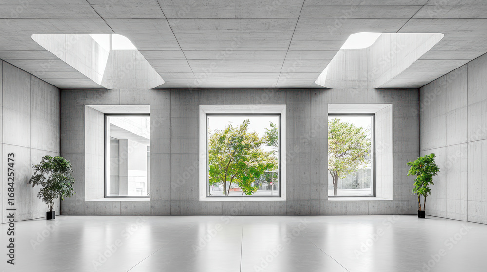 Fototapeta premium Minimalist interior design with large windows showcasing greenery and natural light