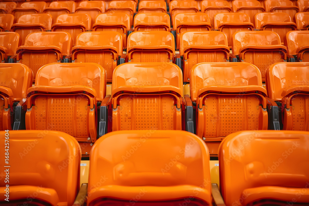 Fototapeta premium Vivid Rows of Orange Seats Suggesting a Large Venue Ready for Spectators Anticipation