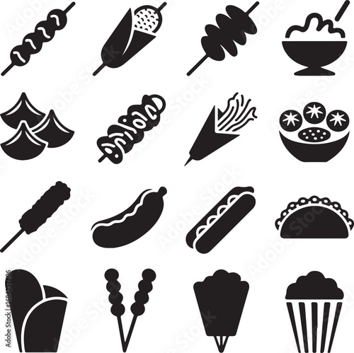 Collection of black and white food icons on a white background fast food