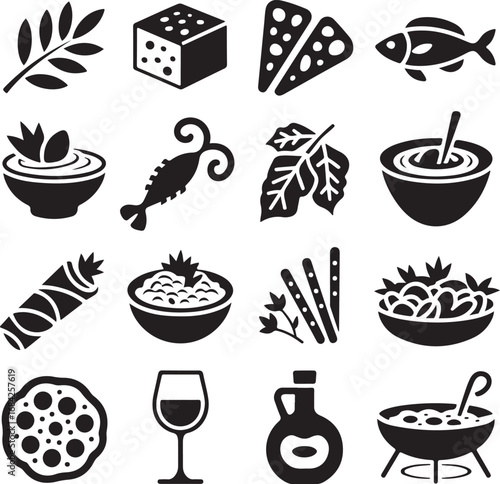 Assortment of black and white food and drink icons on a white background collection