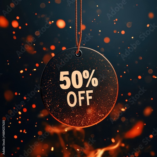 Promotional mockup with 50% off hanging tag and fire sparks — sale banner template
