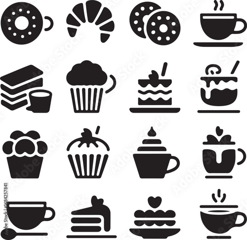 Black and white icons of various desserts and hot beverages on a white background drinks collection