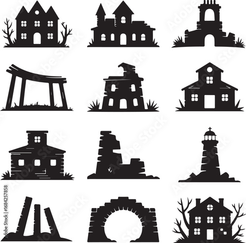 Silhouette icons of various haunted and ruined buildings on a white background collection