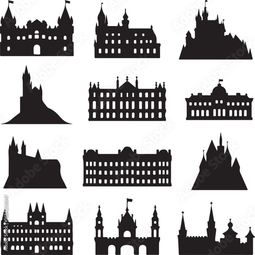 Collection of diverse castle silhouettes in black and white architecture building