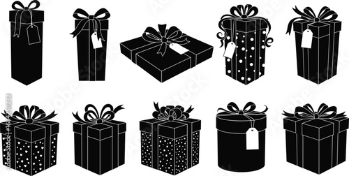 Vector illustration of black gift boxes with ribbons, bows, tags, and decorative patterns for holiday, birthday, celebration, and festive occasions.